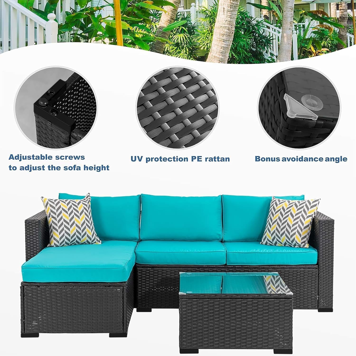 Outdoor Wicker Patio Sofa Set, Black All-Weather Rattan Small Sectional Patio Set and Chaise Lounge W/ Glass Coffee Table and Washable Couch Cushions Patio Conversation Set (3 Piece,Blue)-3