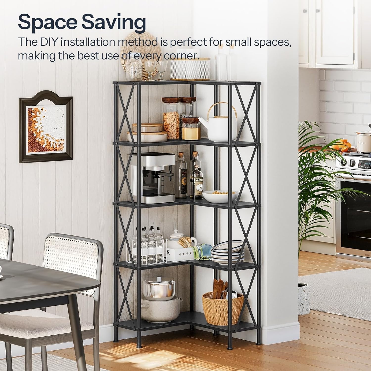 Corner Bookshelf, 5-Tier L-Shaped Bookcase, Industrial Open Display Shelf Tall Storage Organizer, Vertical Storage Rack, for Living Room, Home Office, Black BB60SJ01-2
