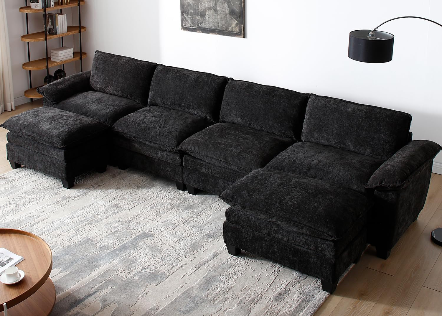Modular Sectional Sofa Comfy Cloud Couch, U Shaped 4 Deep Seat Sofa Couch with 2 Ottoman, 157" Oversized Soft Modern Couches Set for Living Room, Chenille, Black, MT001-0