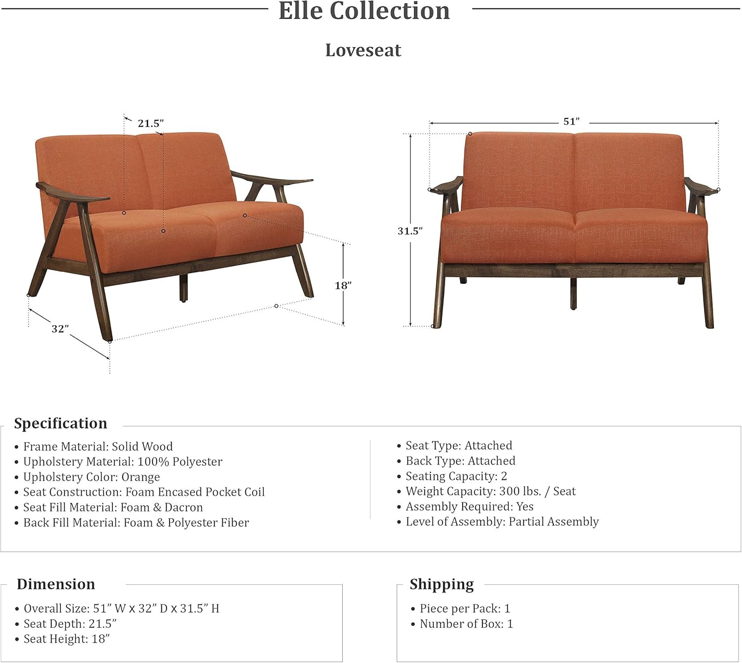 Elle 3-Piece Living Room Set, Orange-2