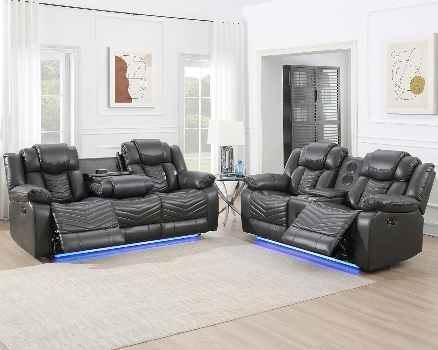 Power Reclining Sofa Set with LED Light,0 Gravity Air Leather Recliner Sofa Set with Bluetooth Speaker,Wireless Charger,Storage Console,Usb Ports,Cup Holders for Living Room/Office(2Pcs,Gray)-0