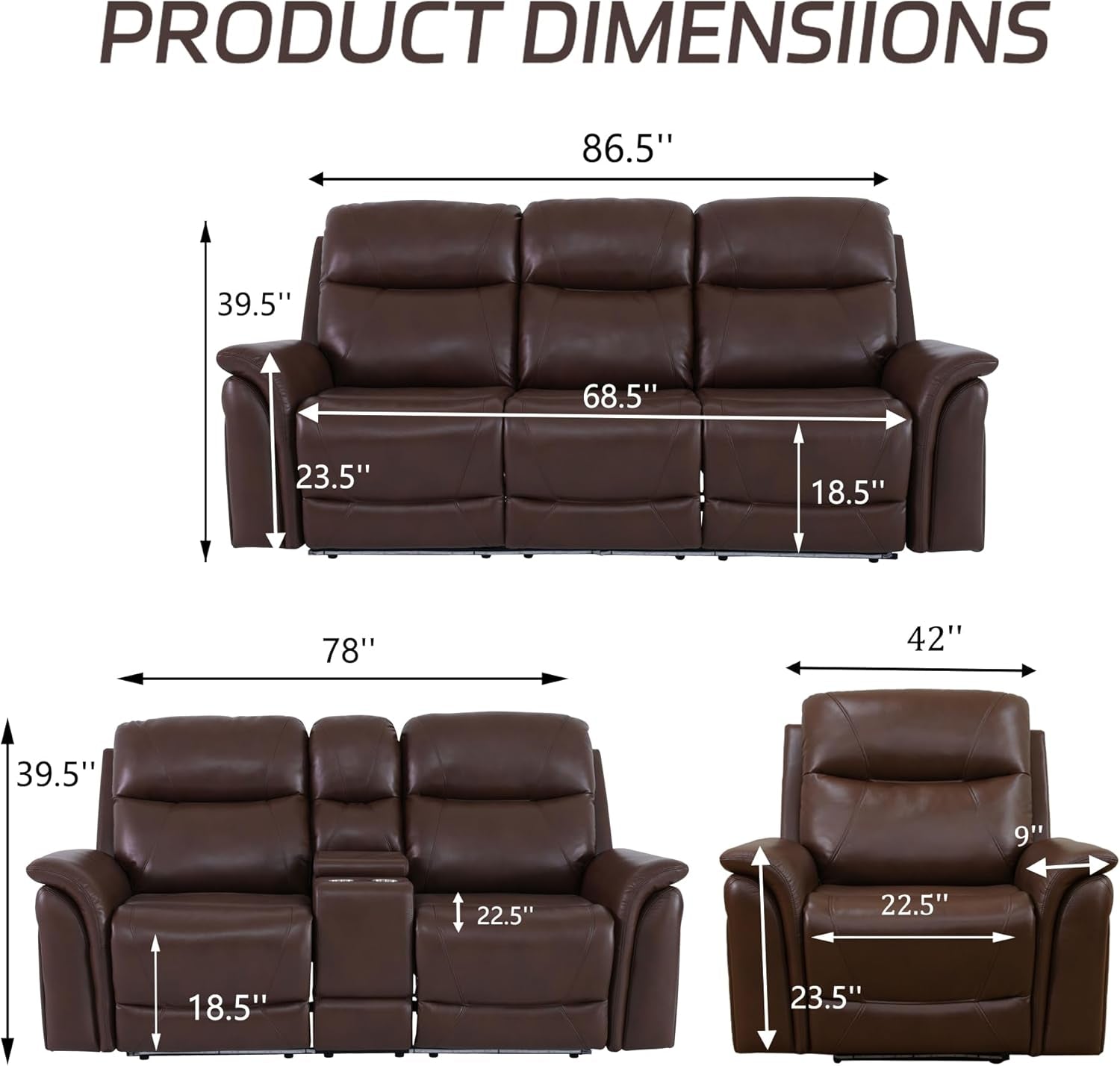 Power Recliner Sofa Set with LED, Breathing Leather Reclining Sofa Set, Living Room Set Recliner Couch Loveseat with USB Port/Cup Holder/Storage for Living Room (3 Pieces Couch Set, Brown)-1