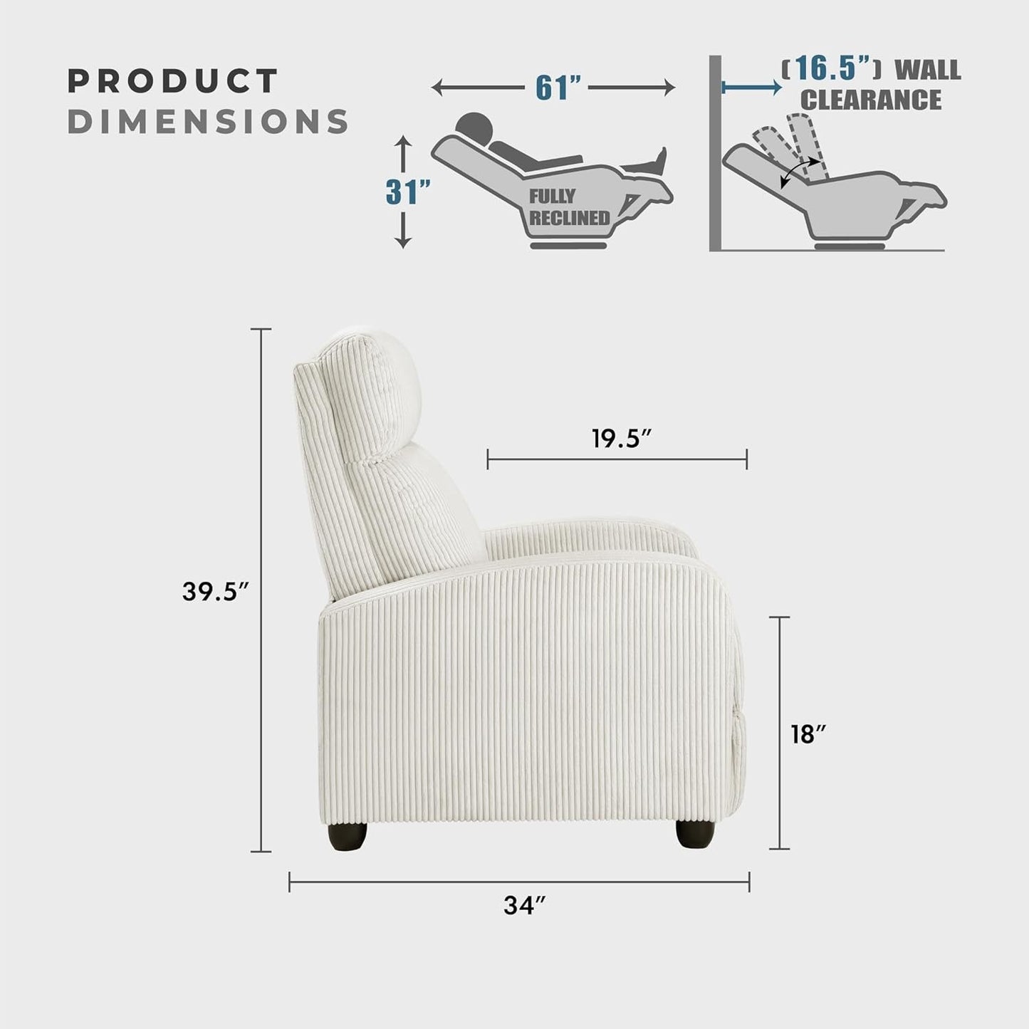 Pushback Recliner Chair Armchair Push Back Recliner, Corduroy Chair with Solid Wood Frame and Metal Seat Base, Single Sofa Accent Chair for Living Room/Office/Apartment, Beige-3