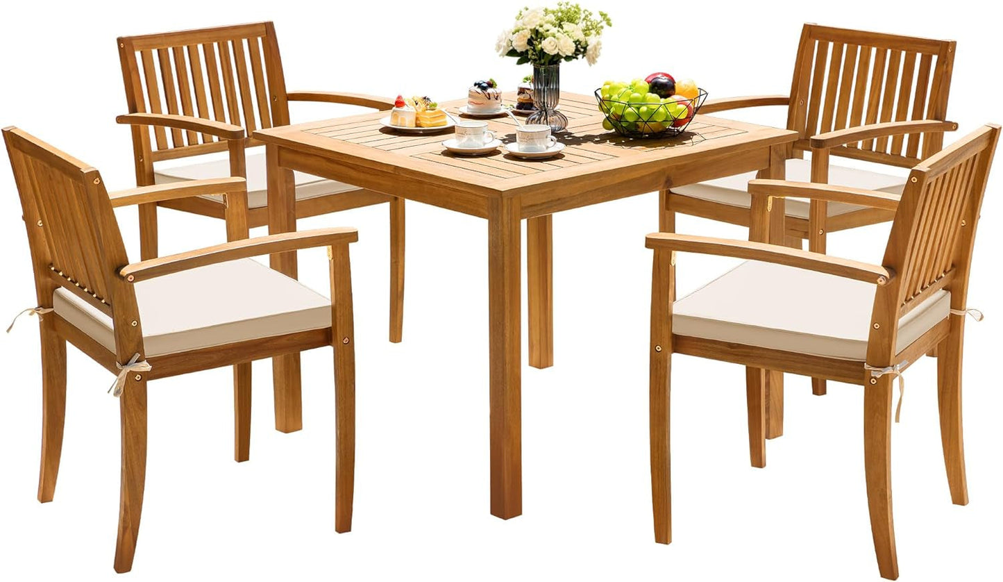 5 Piece Patio Dining Set Outdoor Solid Wood Furniture for Yard, Garden, Porch W/Square Tabletop & 4 Chairs, White-0