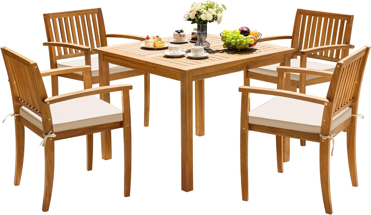 5 Piece Patio Dining Set Outdoor Solid Wood Furniture for Yard, Garden, Porch W/Square Tabletop & 4 Chairs, White-0