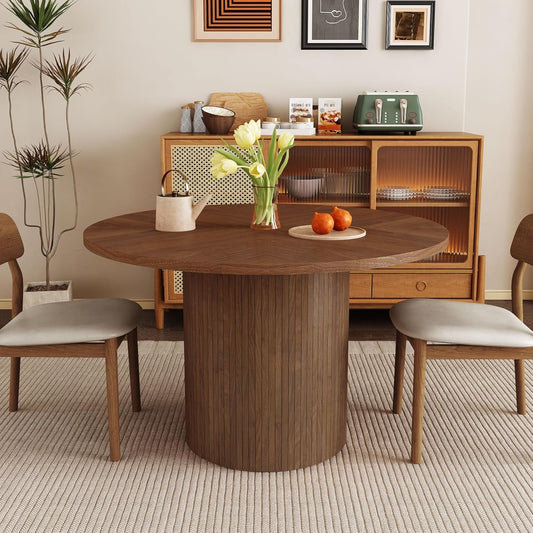 Round Dining Table for 4, Modern Farmhouse Kitchen Table, 47 Inch Small Circle Dining Tables with Wood Strip Base for Kitchen Living Room (Walnut)-0