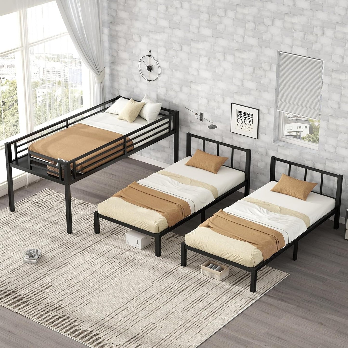 Triple Bunk Bed for Kids, Detachable Metal Twin over Twin over Twin Bunk Bed with Guardrails, Built-In Ladder, Shelf, Converts to 3 Separate Twin Beds, Easy Assembly, Black-2