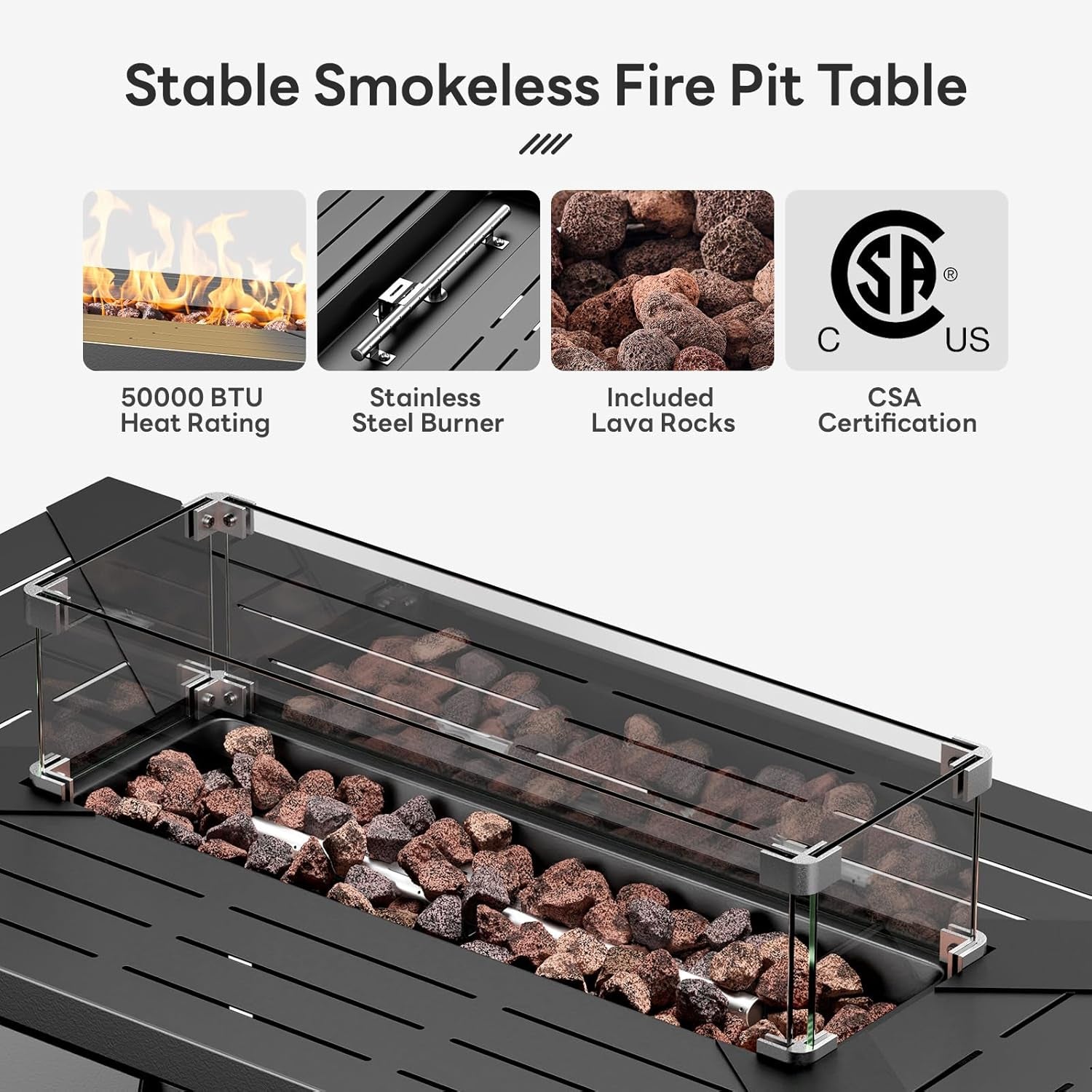 7 Pieces Patio Furniture Set with Fire Pit Table, Wicker Rattan Outdoor Furniture Set with Swivel Rocker Chairs for Yard, Deck, Garden, Light Beight/Light Blue-3