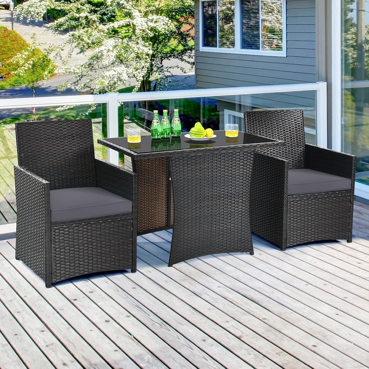 3 Pieces Patio Dining Set, Space-Saving PE Rattan Bistro Set with Tempered Glass Top Table and Cushioned Chairs, Outdoor Conversation Set for Garden Backyard Poolside Porch (Gray)-1