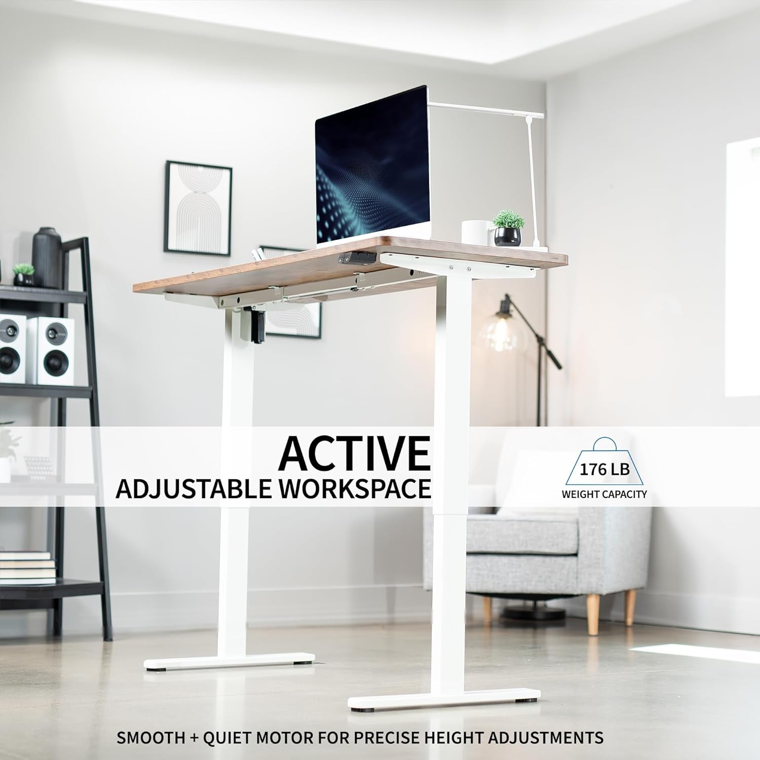 60-Inch Electric Height Adjustable 60 X 24 Inch Stand up Desk, Dark Walnut Solid One-Piece Table Top, White Frame, Home & Office Furniture Sets, B0 Series, DESK-KIT-W06D-3