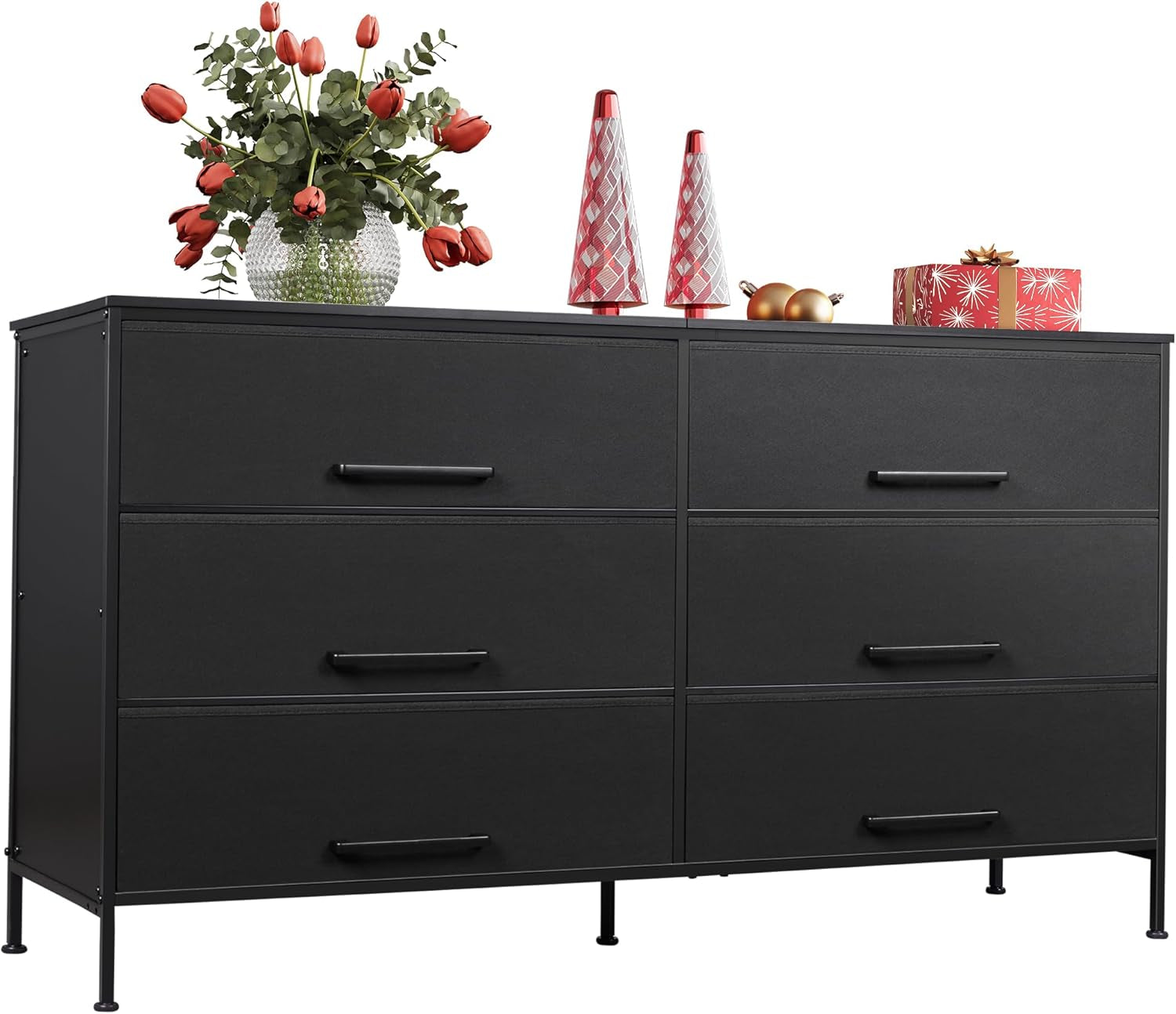 Wide Fabric Dresser, 6 Drawer Dresser TV Stand for 68" TV, Dressers Bedroom Furniture Large Storage Tower Unit with Fabric Bins, White Dresser for Bedroom, Closet, Hallway, Black-0