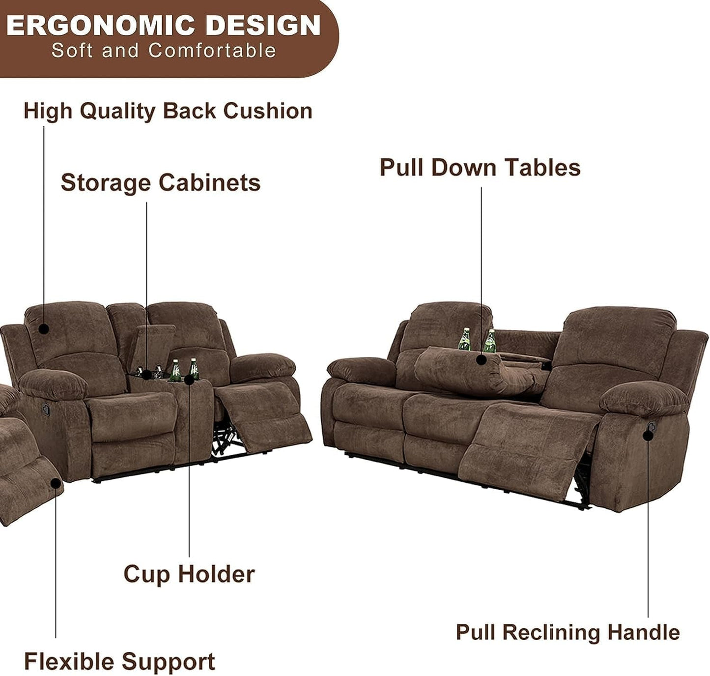 Corduroy Living Room Furniture Set Reclining Sofa Set Loveseat Furniture Sets in Living Room Sofa Recliners(Sofa+Loveseat, Taupe Corduroy)-3