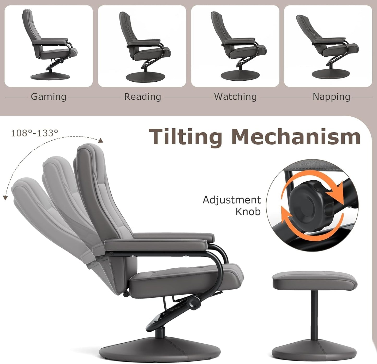 Recliner Chair with Ottoman, 360° Swivel Faux Leather Reclining Chair W/Adjustable Backrest, Footrest, Sturdy Metal Base, Upholstered Armchair for Living Room Bedroom Study, Office, Grey-2