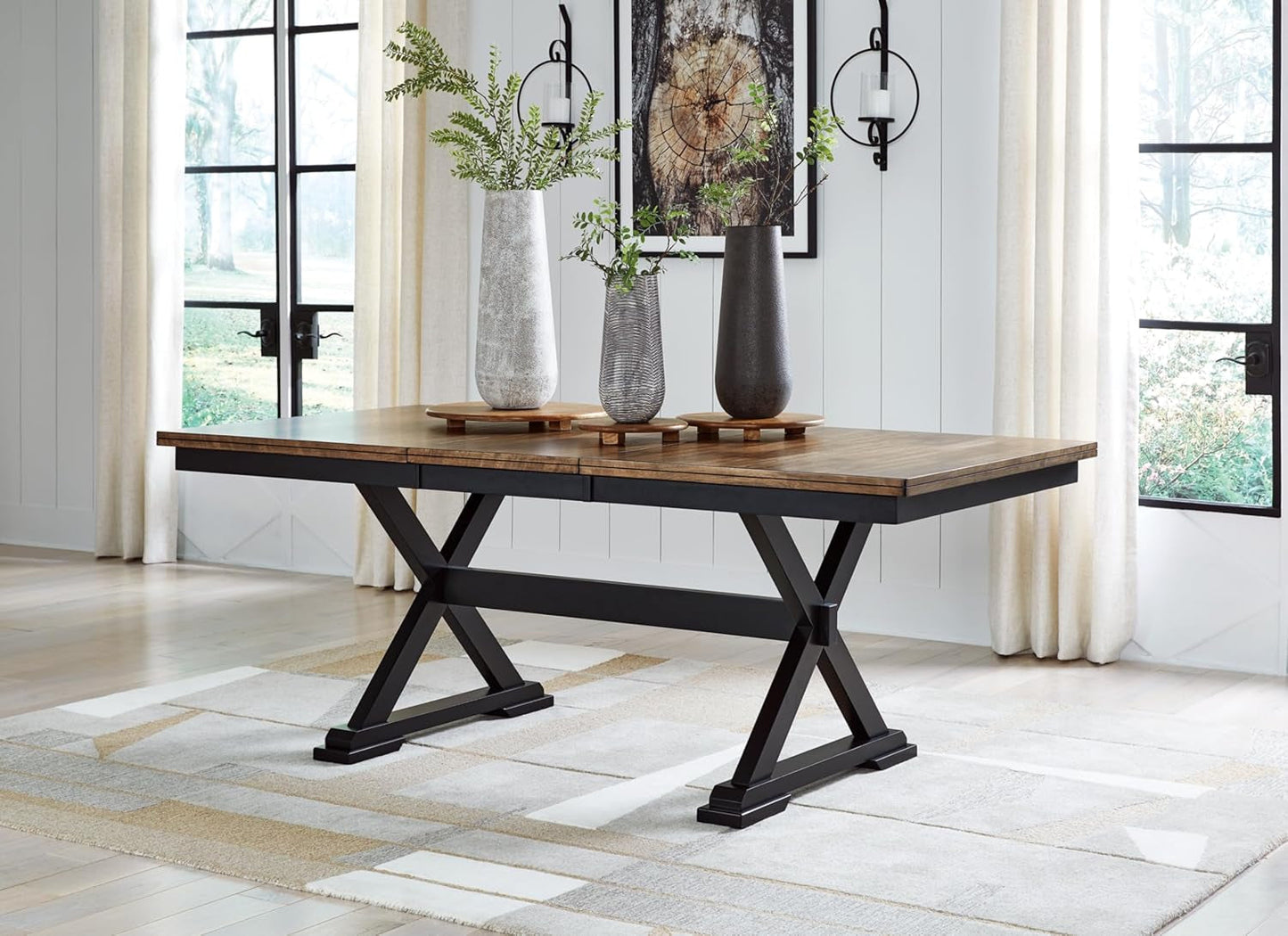 Wildenauer Farmhouse Dining Extension Table with Self-Storing Butterfly Leaf for 6-8 People, Black & Dark Brown-1