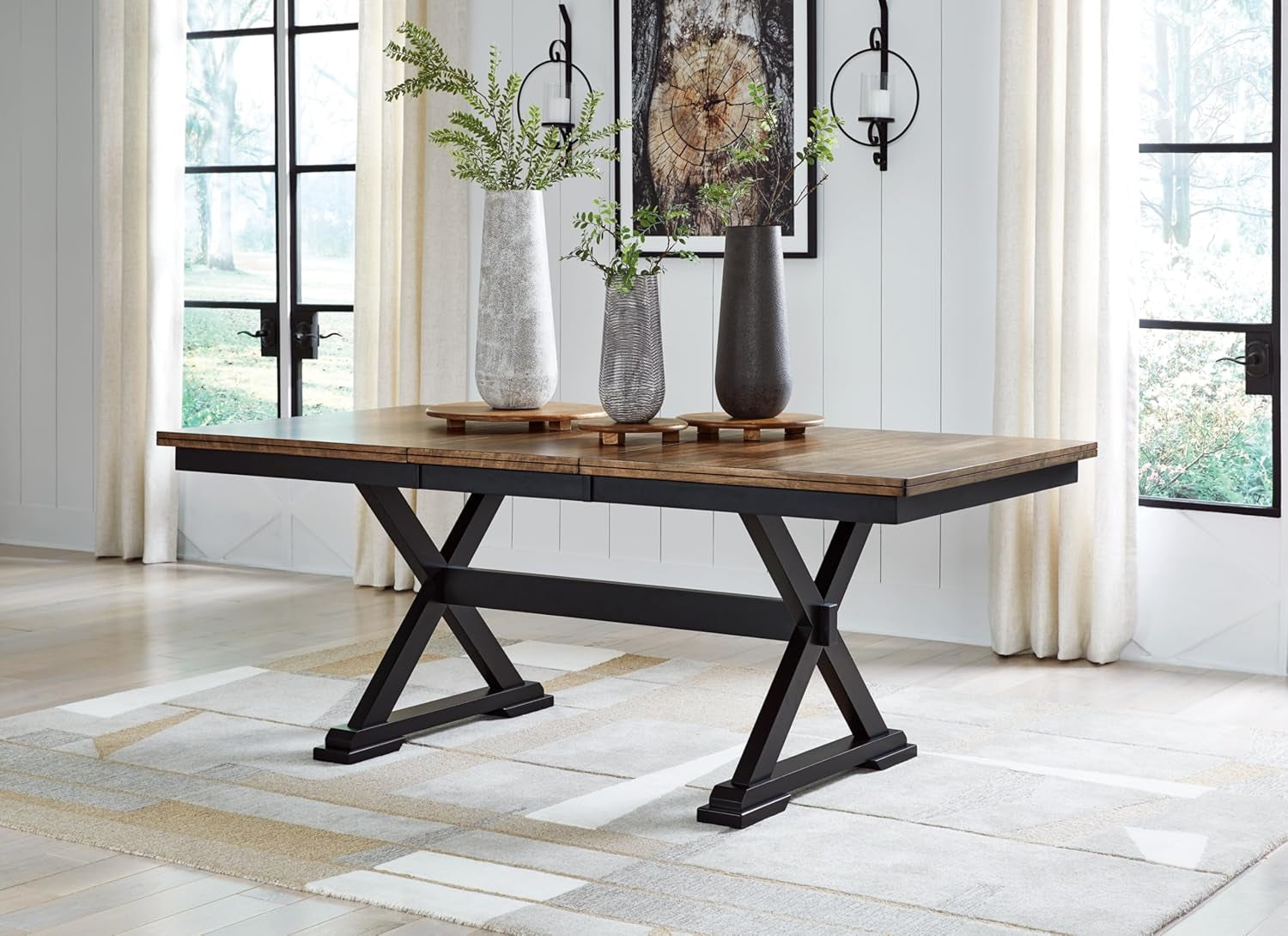 Wildenauer Farmhouse Dining Extension Table with Self-Storing Butterfly Leaf for 6-8 People, Black & Dark Brown-1