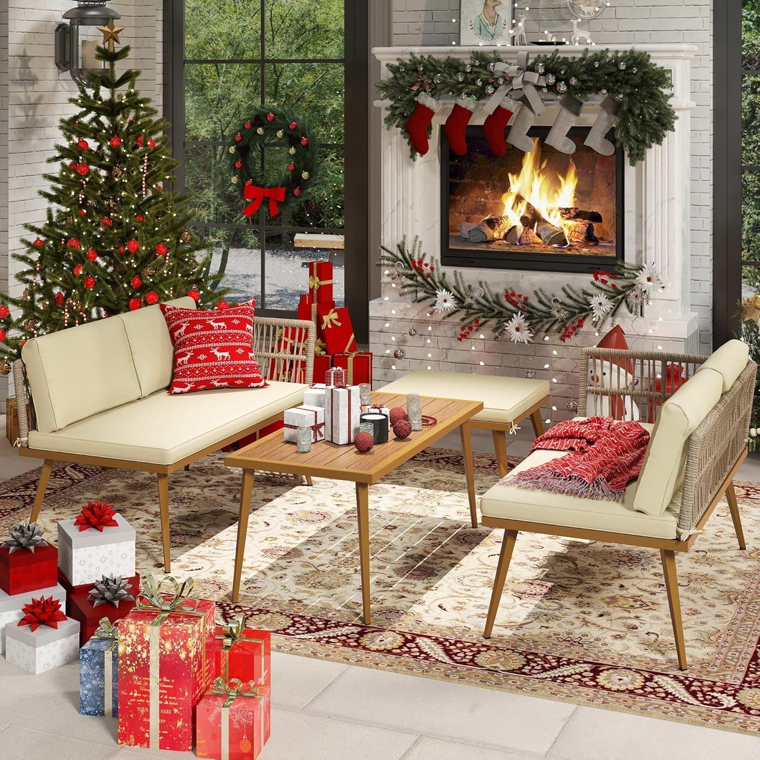 4 Pieces Patio Furniture Set, Outdoor Rattan Woven Conversation Sectional L-Shaped Sofa for Backyard, Porch, Boho Detachable Lounger with Cushions and Side Table - Beige-2