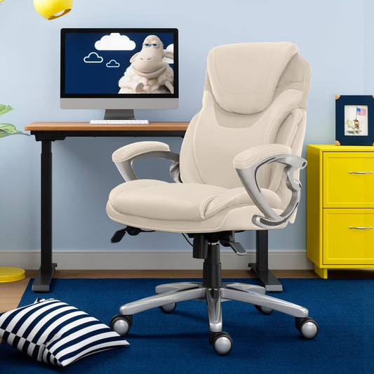 Bryce Executive Office Chair, Ergonomic Computer Deskchair with Patented AIR Lumbar Technology, Comfortable Layered Body Pillows for Cushioning, quality Foam, Bonded Leather, Cream White-1