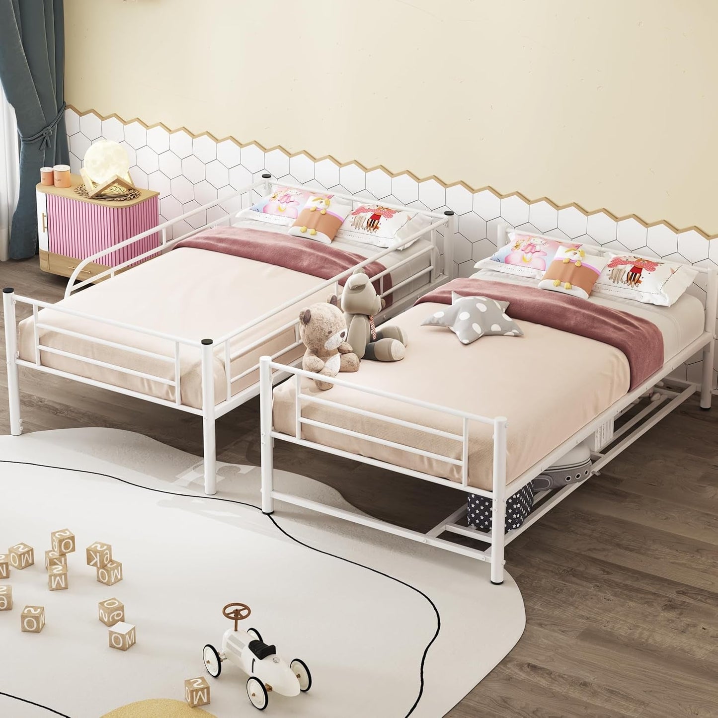 Bunk Bed Twin over Twin,Kids Bunk Bed,Metal Bunk Bed with Shelf and Guardrails,Twin Bunk Beds for Kids, Teens & Adults（White）-3