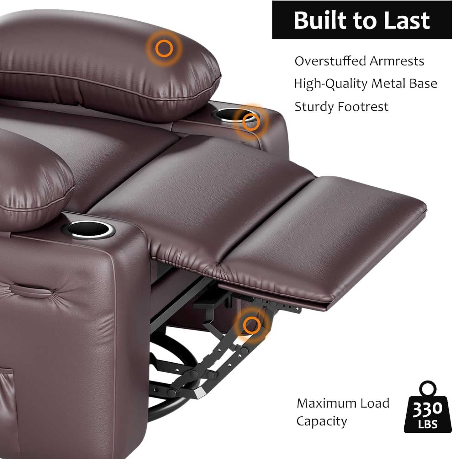 Leather Recliner Chair, Manual Recliner W/Comfortable Arms and Cup Holders for Living Room CF8011 - Brown, Medium-3