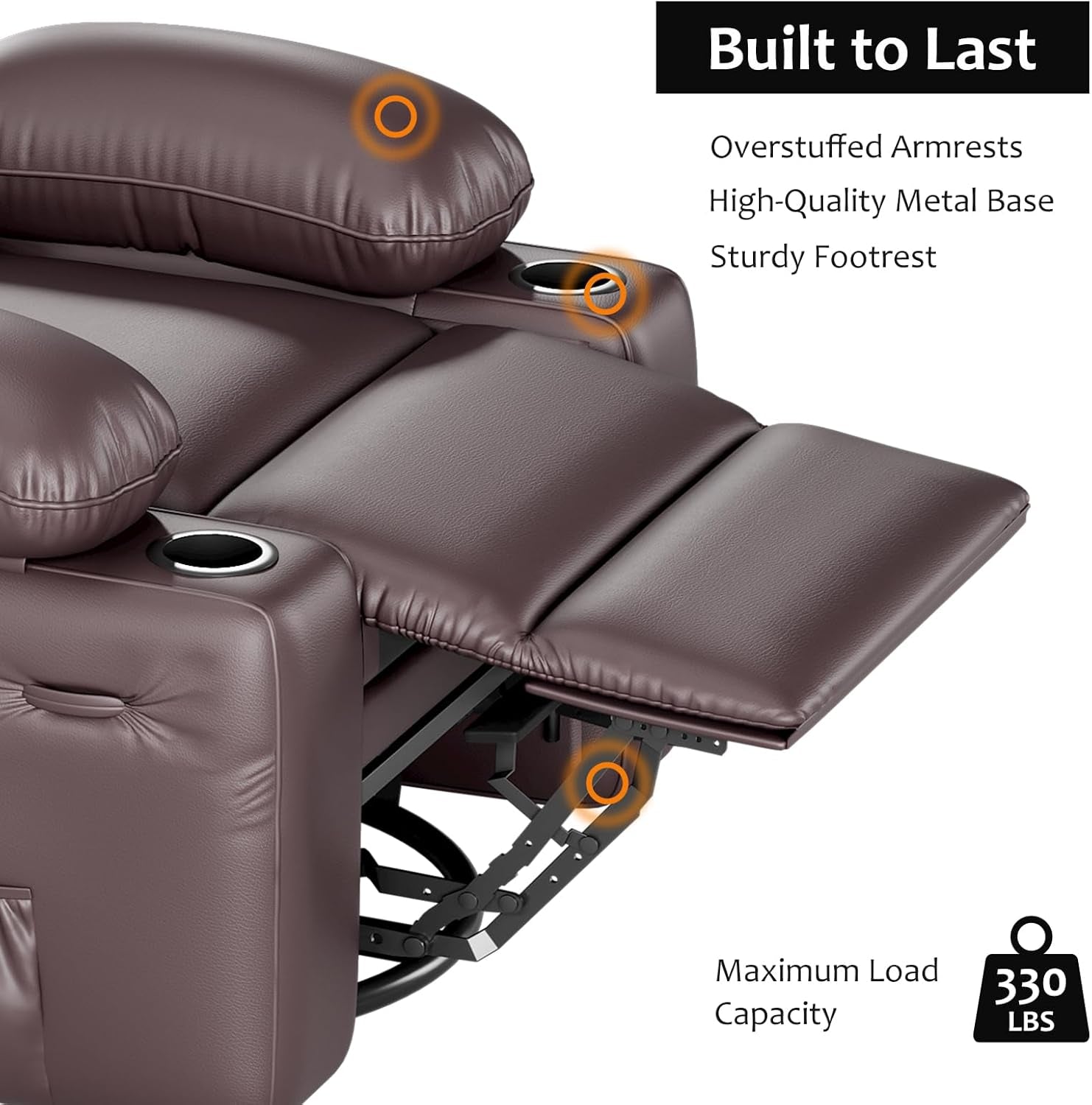 Leather Recliner Chair, Manual Recliner W/Comfortable Arms and Cup Holders for Living Room CF8011 - Brown, Medium-3