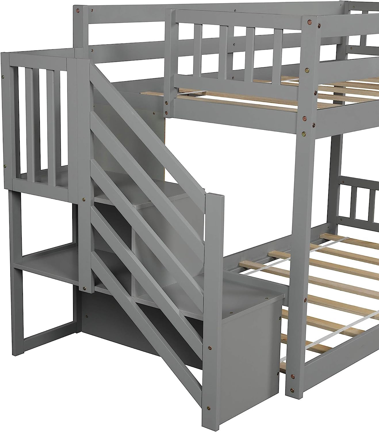 Twin over Twin Junior'S Low Bunk Bed, Storage Stairs, Wood, Grey-1
