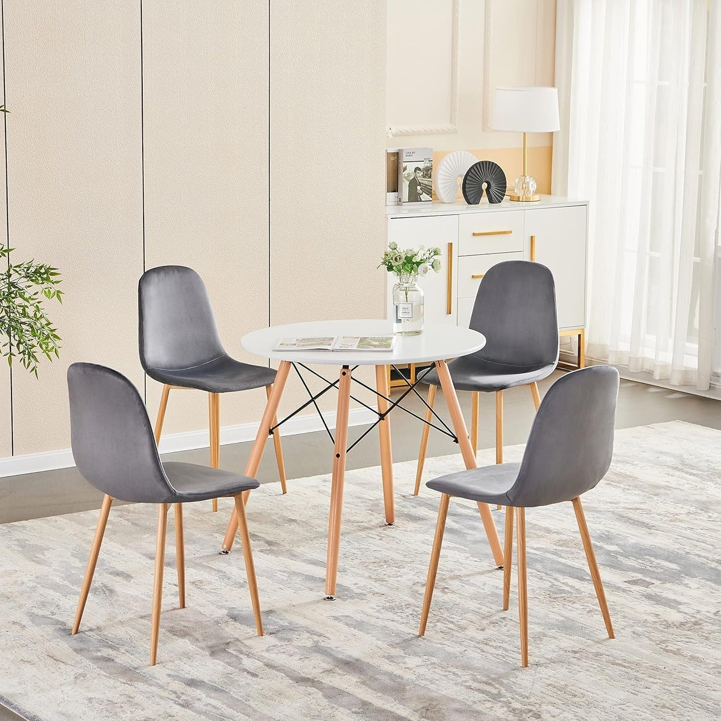 Mid-Century Modern Upholstered Dining Chairs Set of 4, Kitchen Chairs with Metal Legs for Dining Room, Velvet Seat Side Chair for Living Room, Grey-2