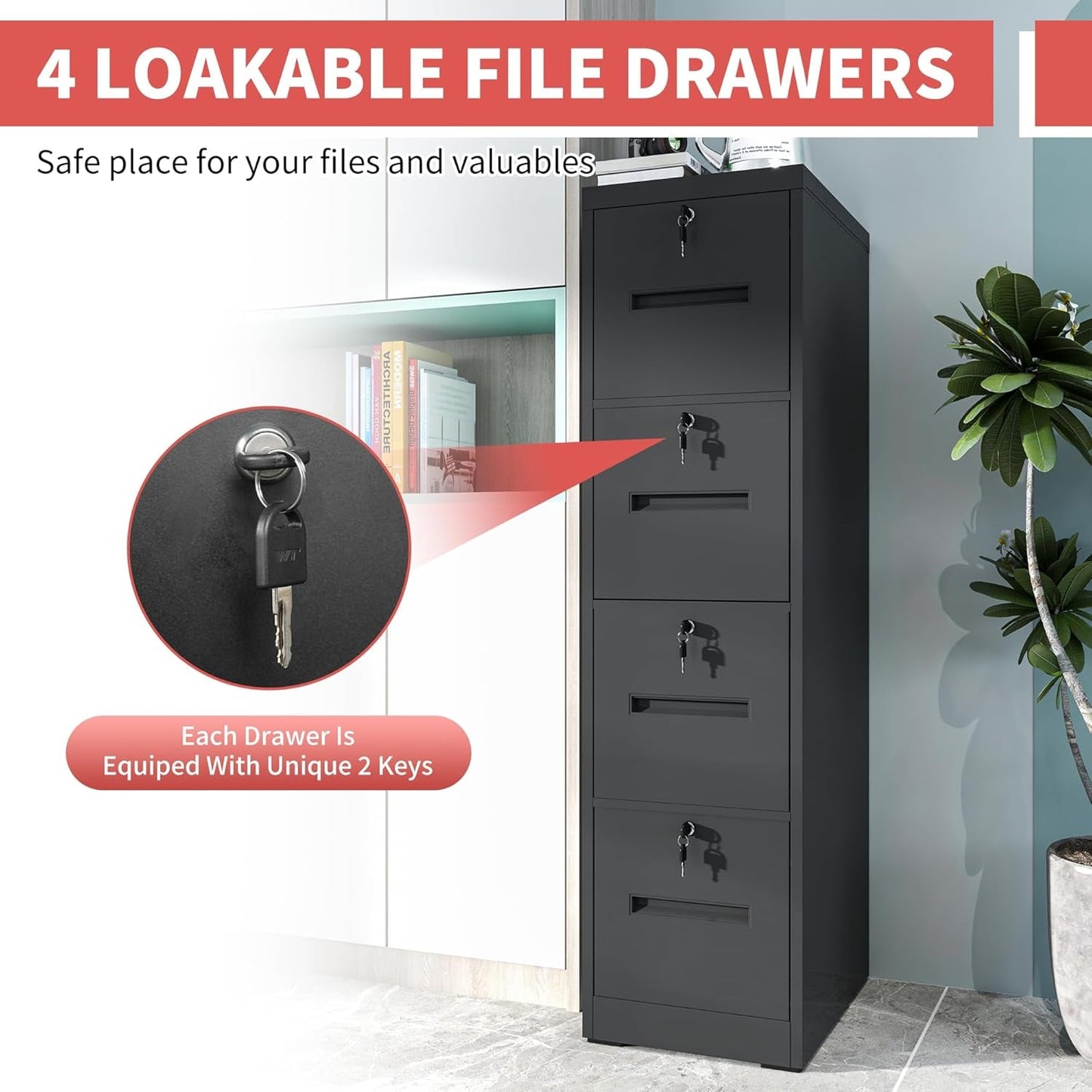 4 Drawer File Cabinet,Vertical Filing Cabinet with 4 Lockable Drawers,Black Metal File Cabinet for Home Office,Heavy Duty Steel File Cabinets for A4/Letter/Legal Size File,Assembly Required-3