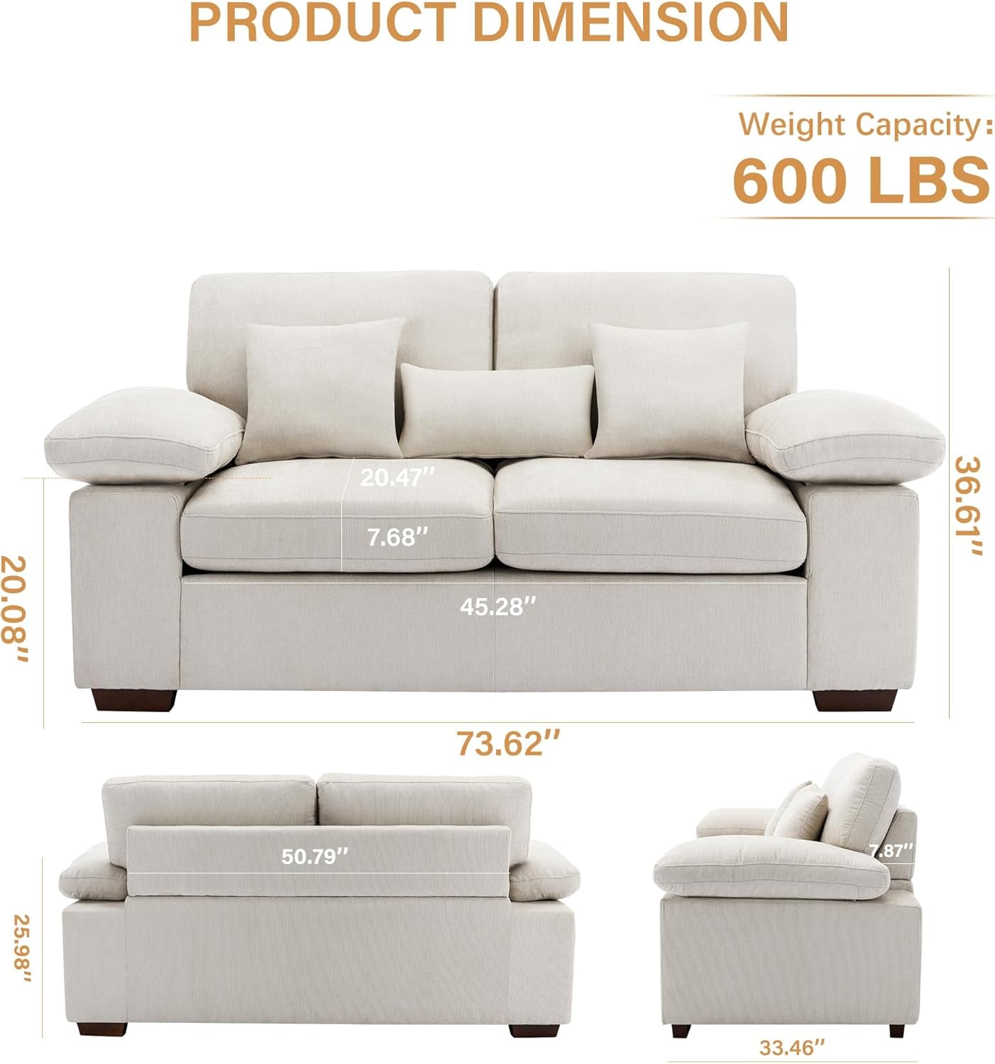 Loveseat Sofa,73" Love Seat Couches Living Room Sofa with 3 Pillows,Upholstered Modern Comfy Chenille Seat Cushions Bedroom Couch,Beige-1