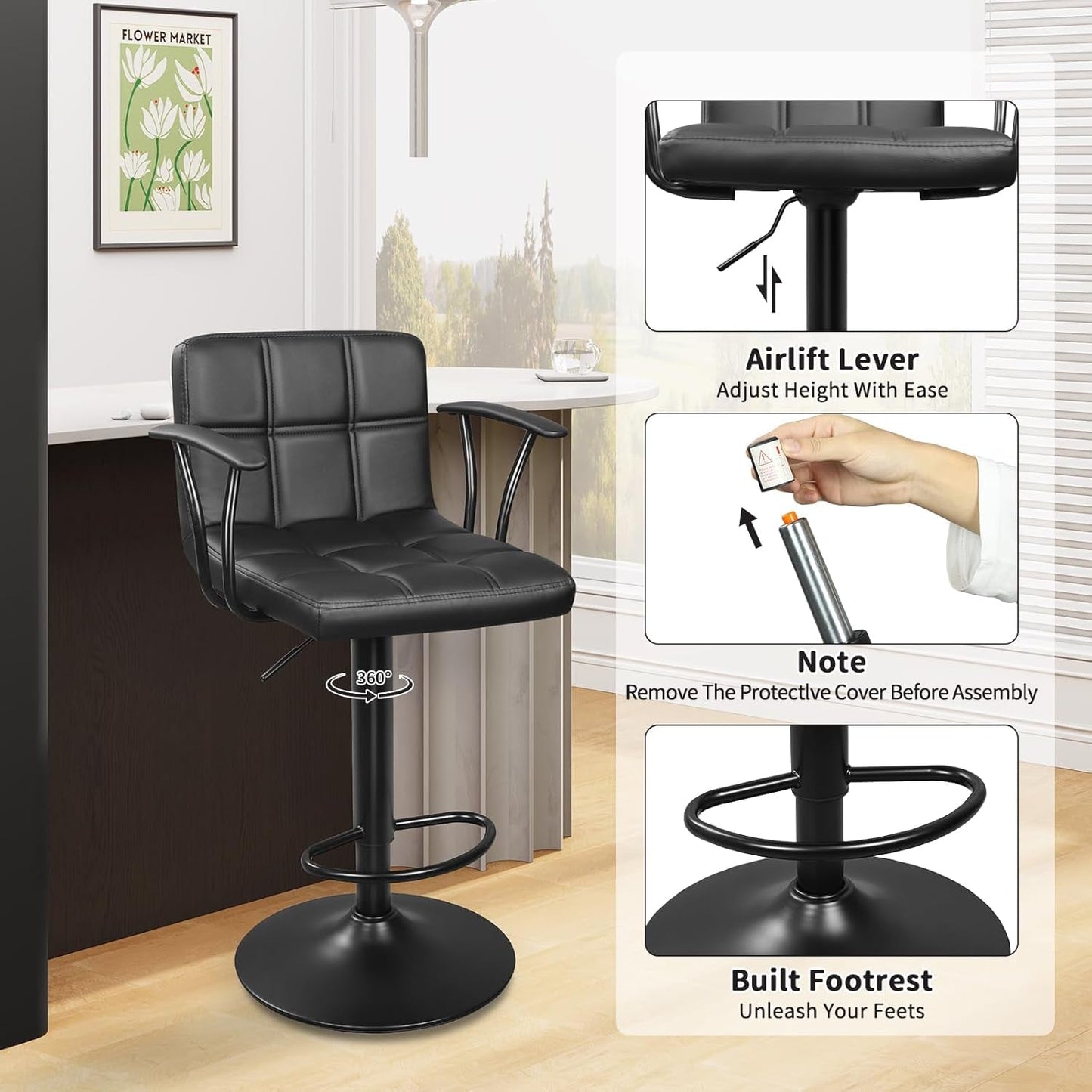 Bar Stools Set of 2, Armrest Adjustable Swivel Barstools with Back, Double Needle PU Leather Counter Height Chairs for Kitchen Lsland (Black)-4