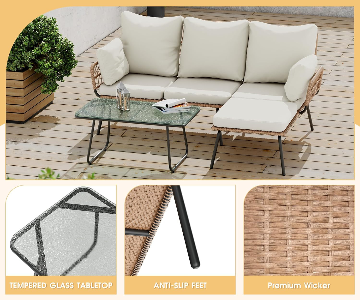 L-Shaped Outdoor Loveseat Sectional Set for Patio, Backyard, Porch with Thick Cushions, Detachable Lounger, Coffee Table-3