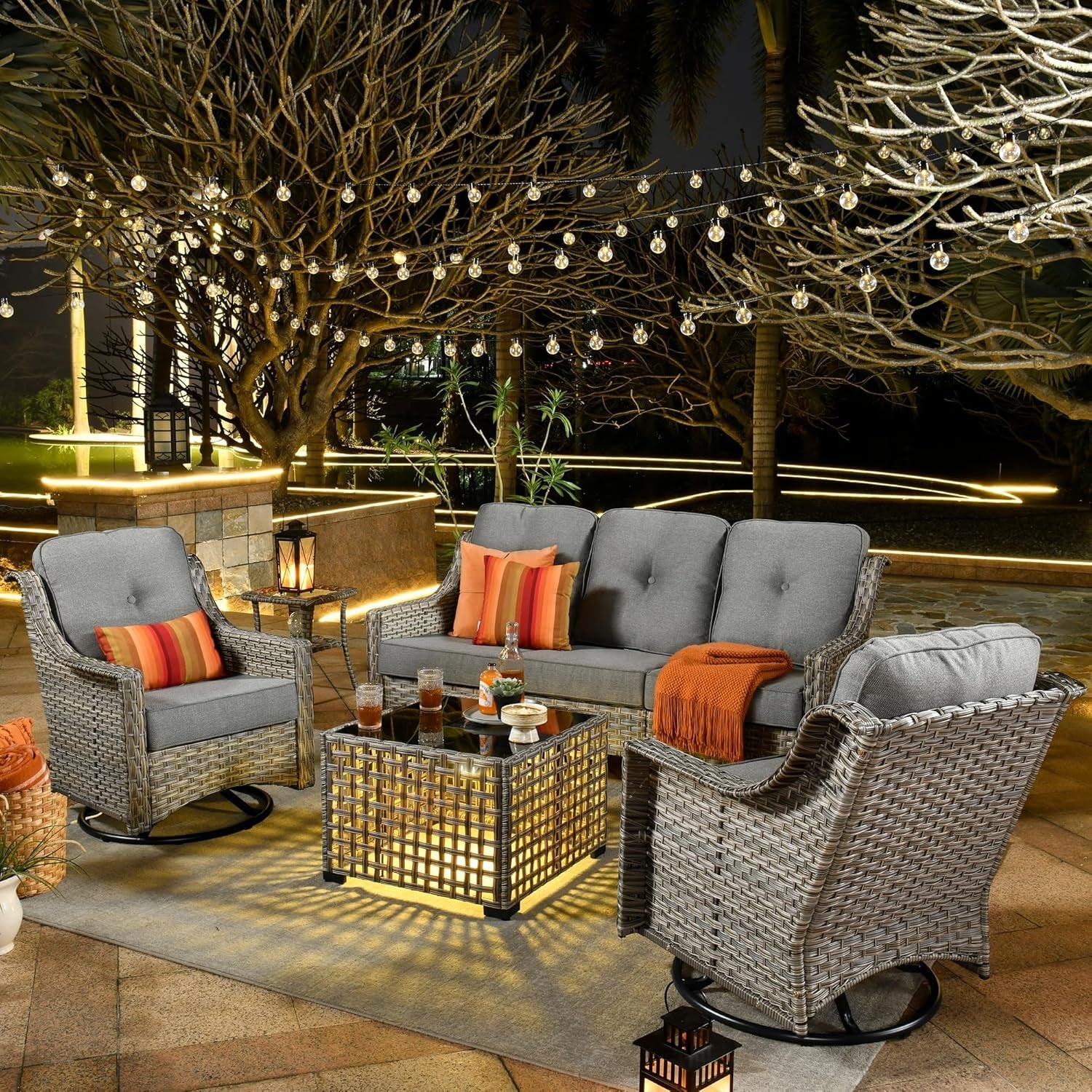 5 Piece Outdoor Patio Furniture with 3 Seat Sofa,Rattan Wicker Coversation Set with Swivel Rocking Chair,Balcony Sofa Set with Shiny Table for outside Porch Backyard Pool,Dark Grey-0