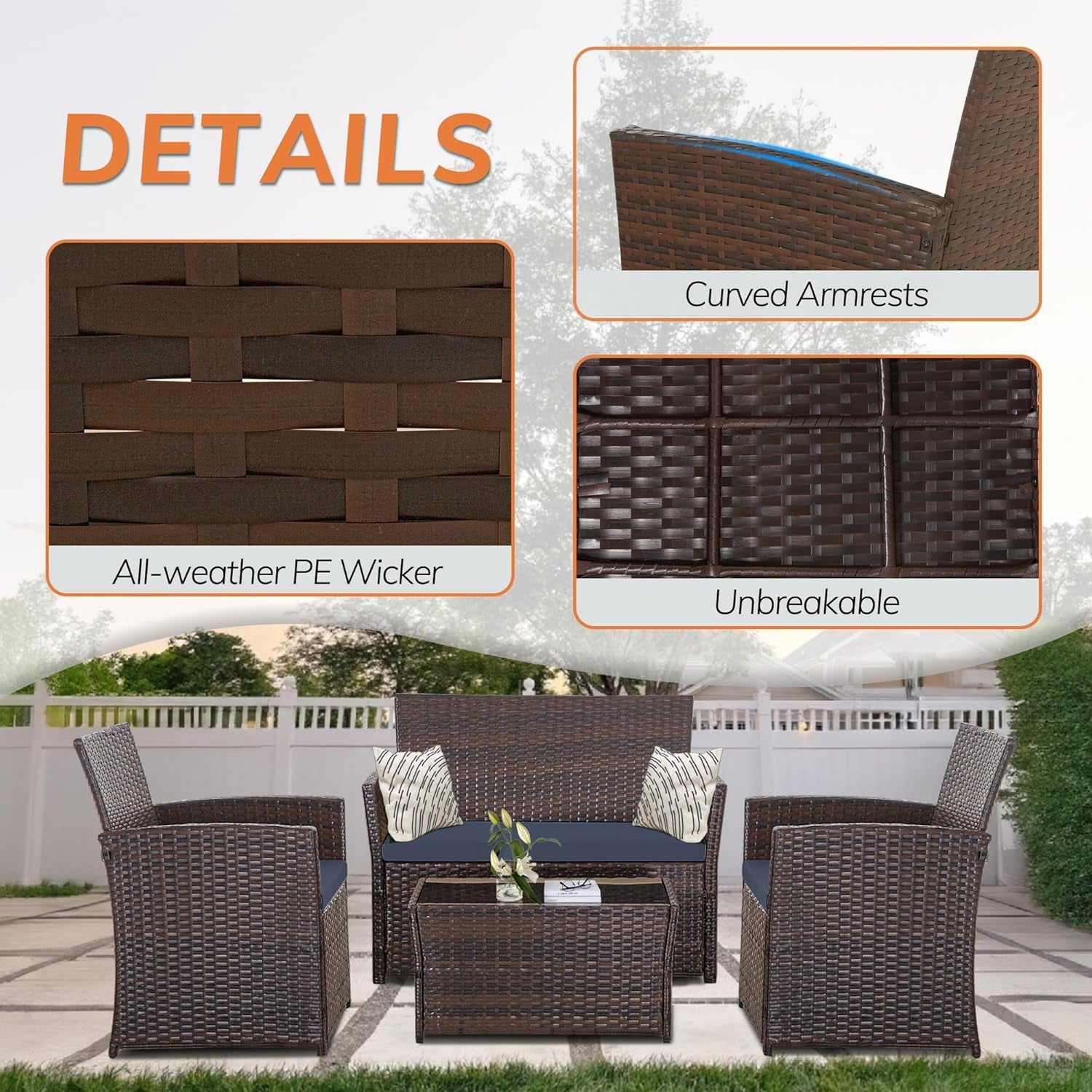 4 Piece Patio Furniture Set,Outdoor Wicker Conversation Sets,Rattan Sectional Sofa W/Coffee Table,Seat Cushions for Backyard Porch Garden Poolside (Gray/Blue)-2