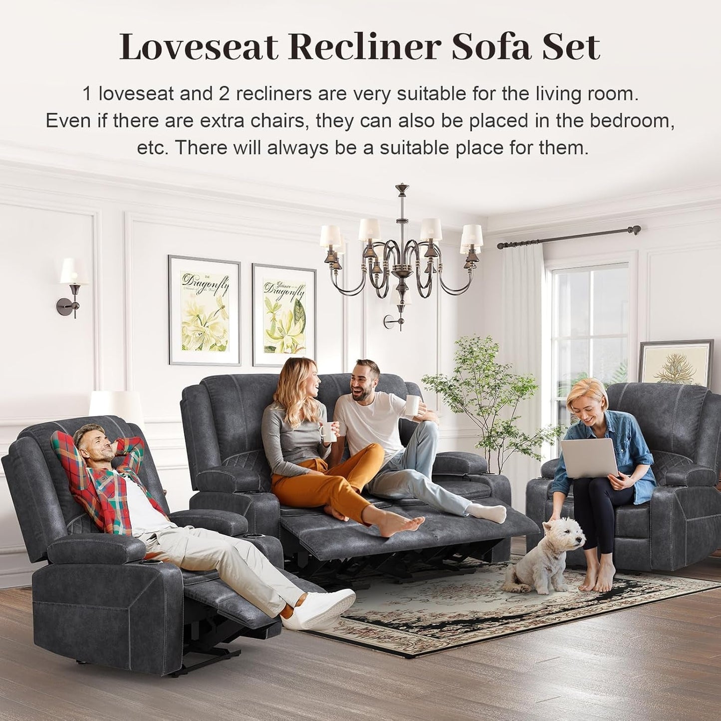 Grey Leather Reclining Loveseat Sofa Set Console, 2 Chairs-2
