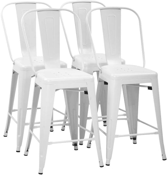 24 Inches Metal Bar Stool Set of 4 Counter Height Barstool with Back Seat, White-0
