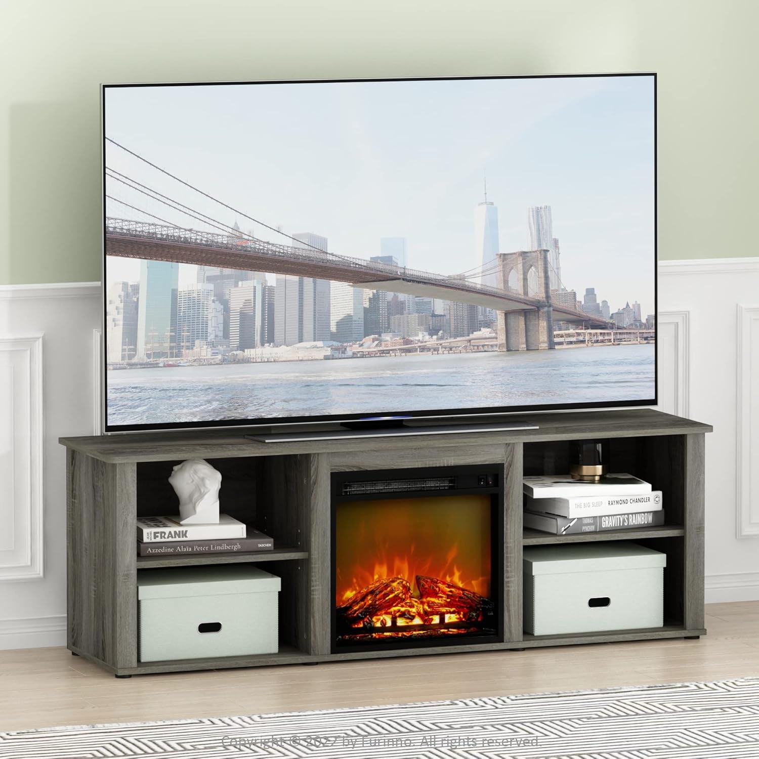 Classic 70 Inch TV Stand with Fireplace, French Oak Grey-2