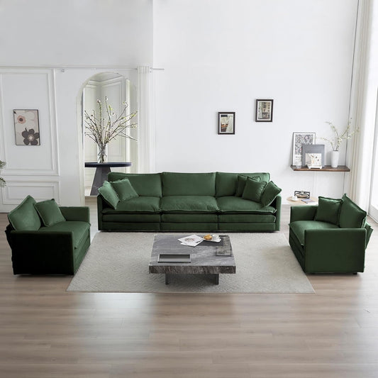 Luxury 3 Piece Sofa Set, 2 Pieces of Single Sofa and 1 Piece of 3 Seater Sofa, Modern Chenille Comfy Cloud Couches Set with 7 Pillows for Living Room Office, Evergreen-0