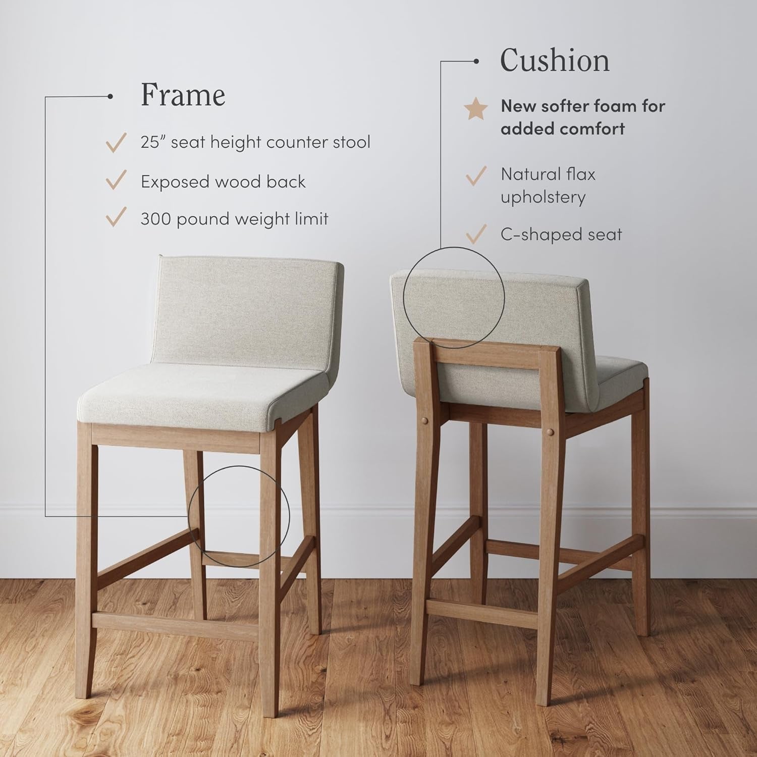 Gracie Modern Counter Height Bar Stool with Back, Counter Stool Upholstered Chair with Natural Flax White Fabric and Brushed Wooden Legs, Natural Flax/Brown, Set of 4-3