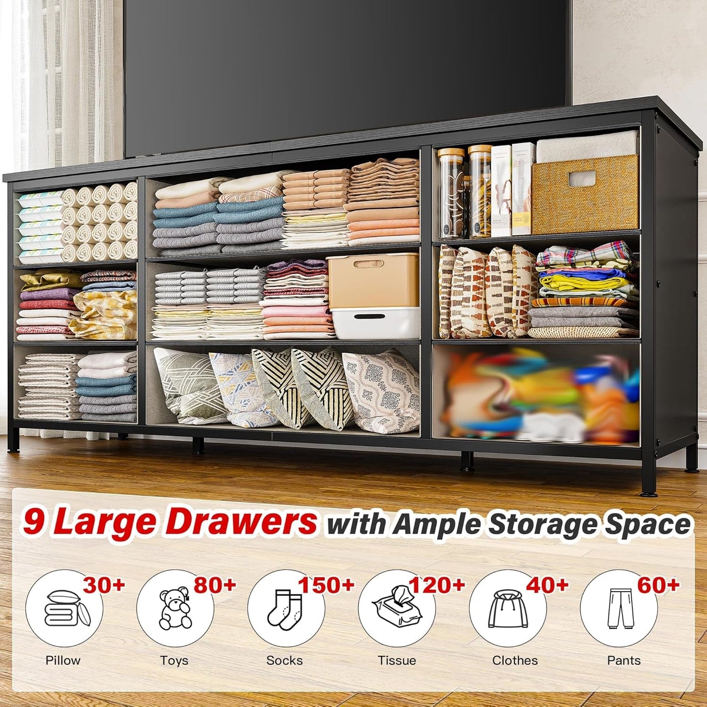 Dresser, Dresser for Bedroom with 9 Drawers, Wide Dresser TV Stand for 55” TV Stand for Bedroom Dresser Long Dressers & Chests of Drawers, Metal Frame&Wood Top, Closet, Hallway, Grey-3