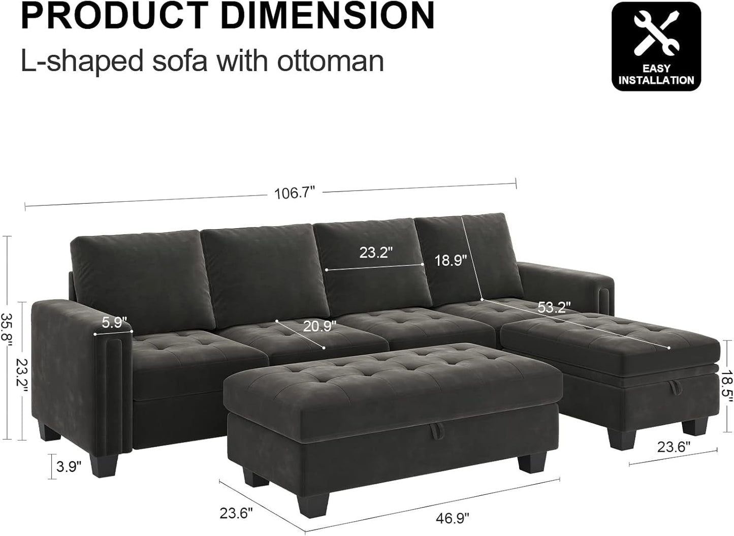Velvet Convertible 4-Seat Sectional Sofa with Reversible Chaise L Shaped Sofa Couch Furniture Sets Sectional Couch with Storage Ottoman Grey-1