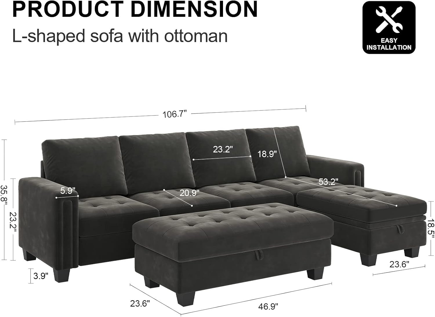 Velvet Convertible 4-Seat Sectional Sofa with Reversible Chaise L Shaped Sofa Couch Furniture Sets Sectional Couch with Storage Ottoman Grey-1