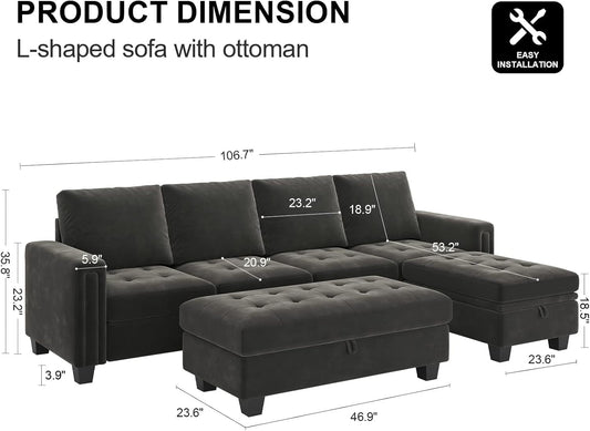 Velvet Convertible 4-Seat Sectional Sofa with Reversible Chaise L Shaped Sofa Couch Furniture Sets Sectional Couch with Storage Ottoman Grey-1