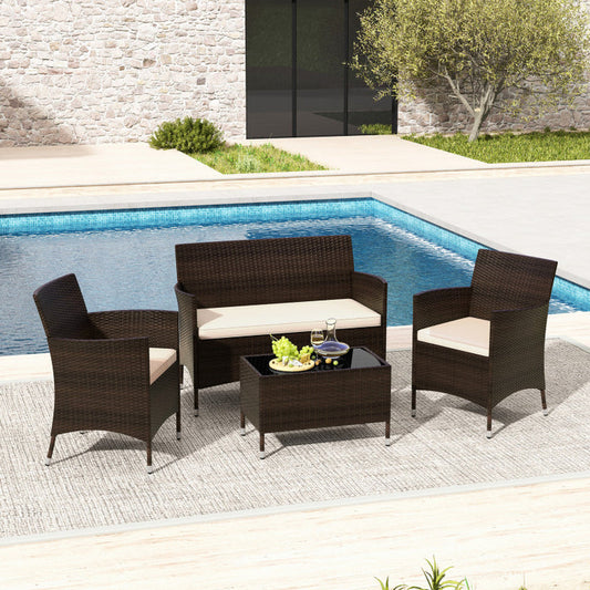 4 Pieces Comfortable Mix Brown Outdoor Rattan Sofa Set with Glass Coffee Table-0