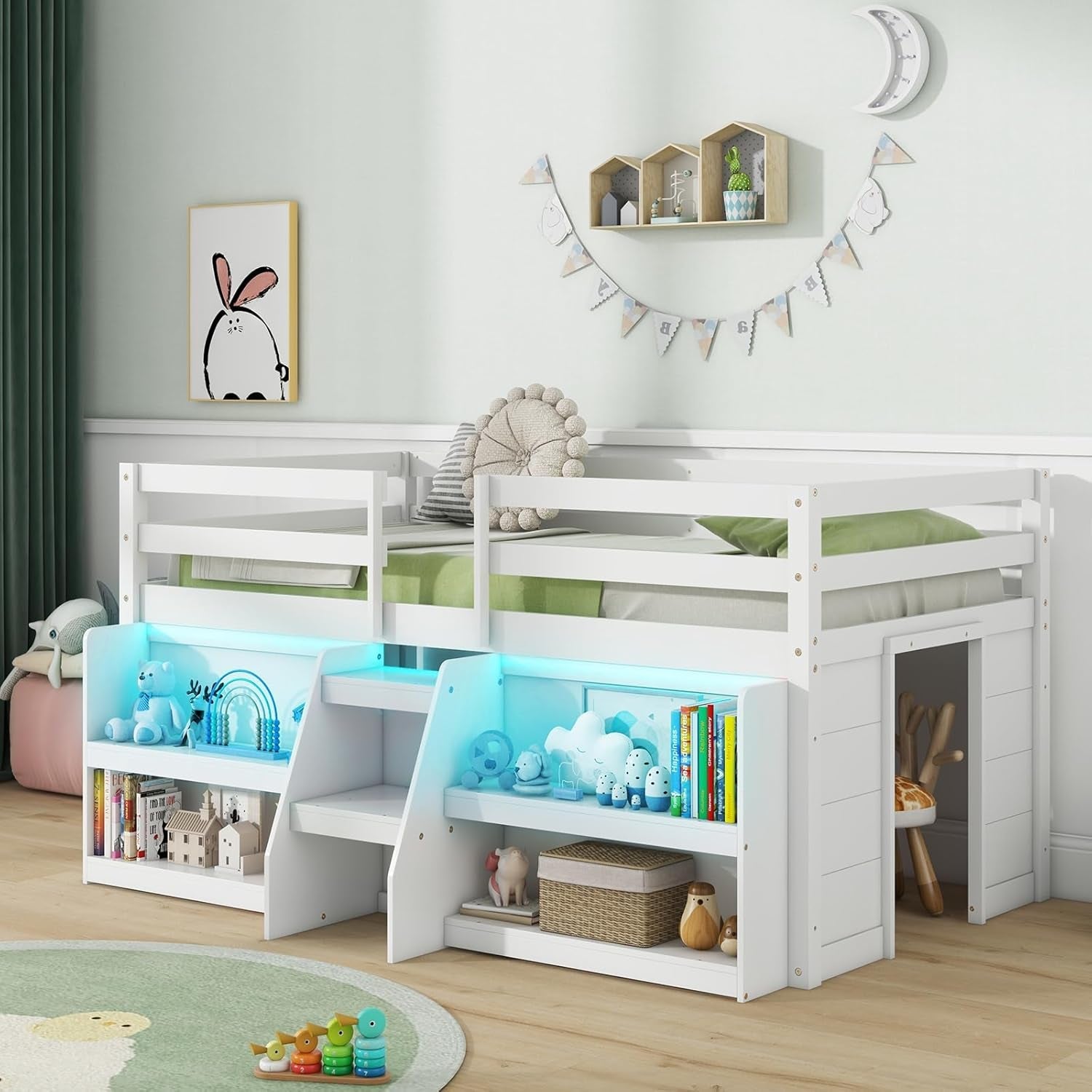 Low Loft Bed with LED Lights, Wooden Twin Loft Bed with Stairs & Safety Guardrail, Loft Bed Twin Size with Storage Bookcase and Under-Bed Play Space, Loft Bed for Kids (White)-0