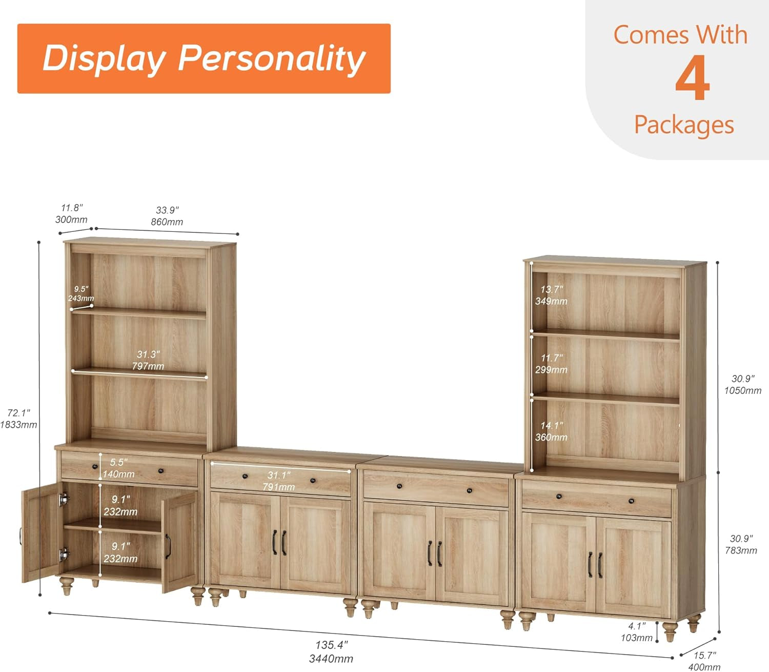 Entertainment Center with Bookshelves for Tvs up to 75", Farmhouse Wall Unit TV Stand with 8 Doors & 4 Drawer, Media Console Table for Living Room, Bedroom & Home Theater, Oak-2