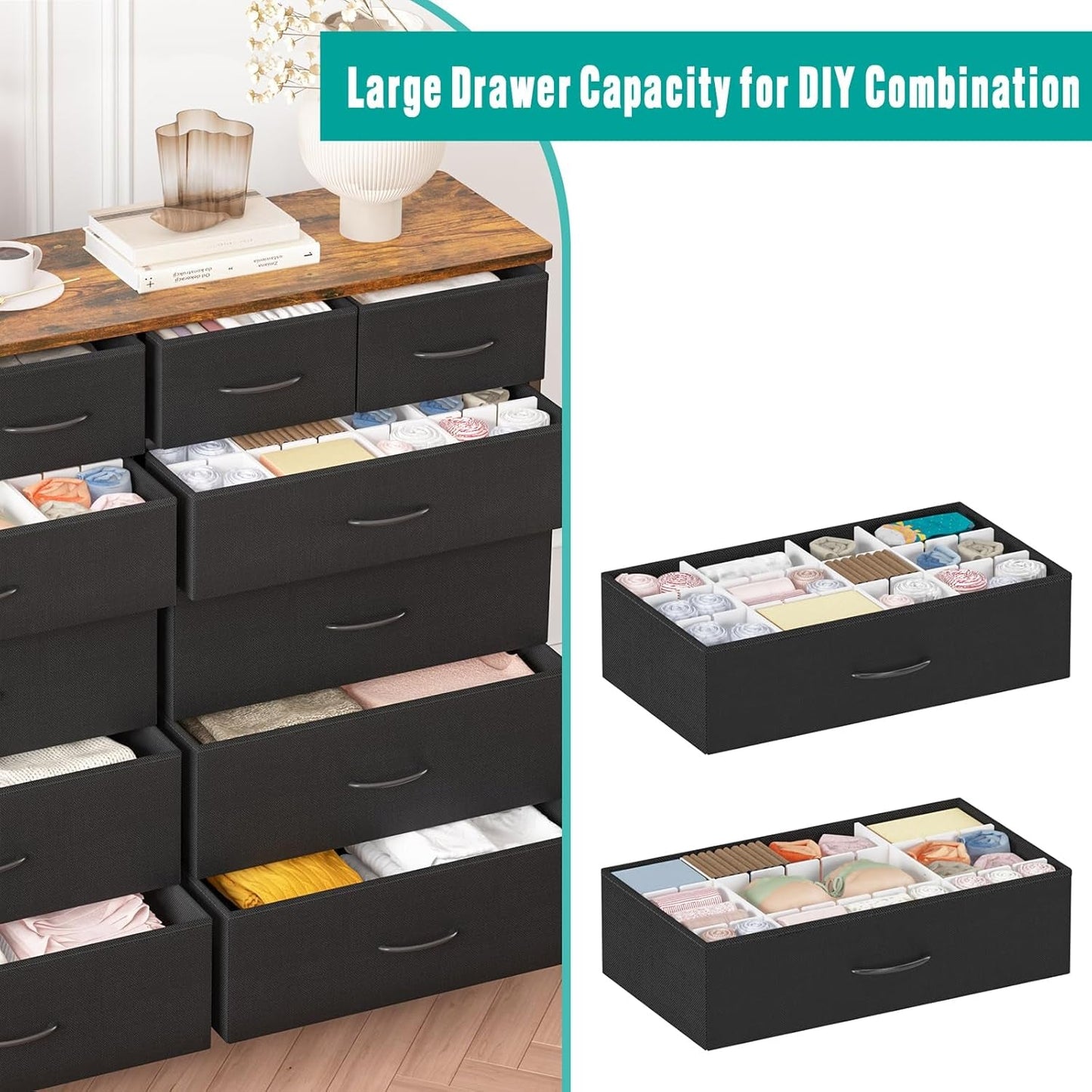 Large Dresser for Bedroom with 12 Deep Drawers, Tall Fabric Drawer Dresser, Chest of Drawers for Closet, Nursery, Living Room, Laundry, Entryway, Hallway (Black)-3