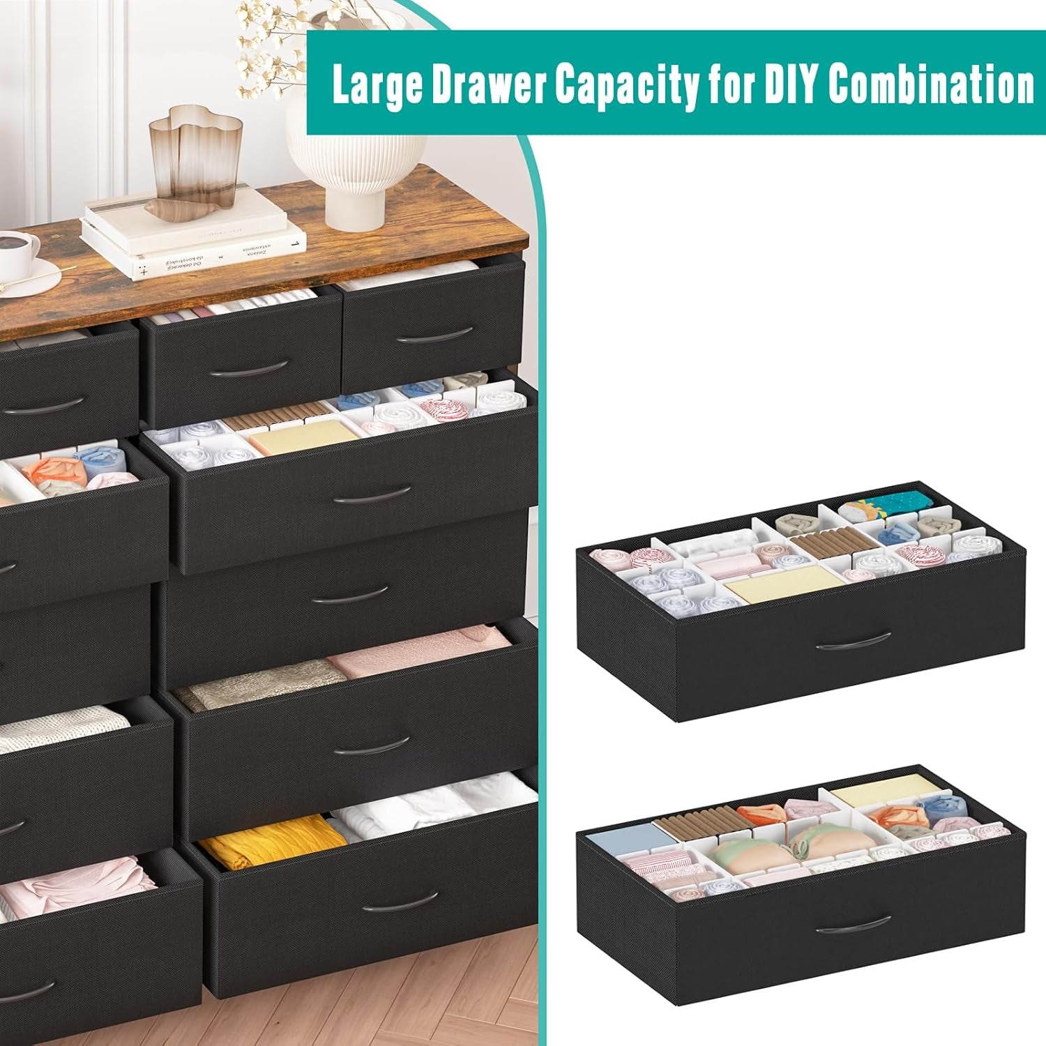 Large Dresser for Bedroom with 12 Deep Drawers, Tall Fabric Drawer Dresser, Chest of Drawers for Closet, Nursery, Living Room, Laundry, Entryway, Hallway (Black)-3