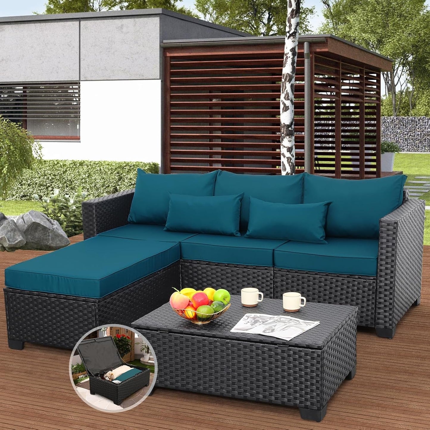 3 Pieces Patio Furniture Set Outdoor Sectional Wicker Patio Furniture Patio Couch with Ottoman and Outdoor Storage Table All-Weather Anti-Slip Cushions Waterproof Covers, Peacock Blue-0