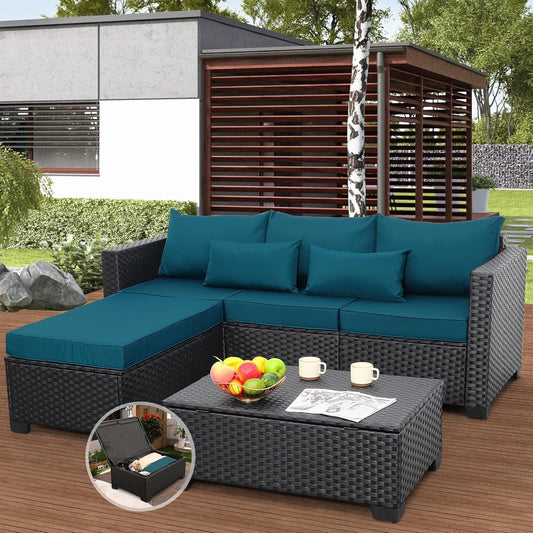 3 Pieces Patio Furniture Set Outdoor Sectional Wicker Patio Furniture Patio Couch with Ottoman and Outdoor Storage Table All-Weather Anti-Slip Cushions Waterproof Covers, Peacock Blue-0