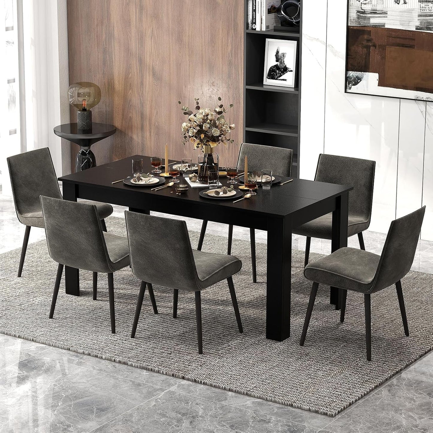 Wood Dining Table for 4-6 People, 63" Wood Rectangle Dinner Table, Modern Kitchen Table with L-Shaped Legs, 330Lbs Weight Capacity, Farmhouse Dinette Table for Dining Room, Living Room, Black-3