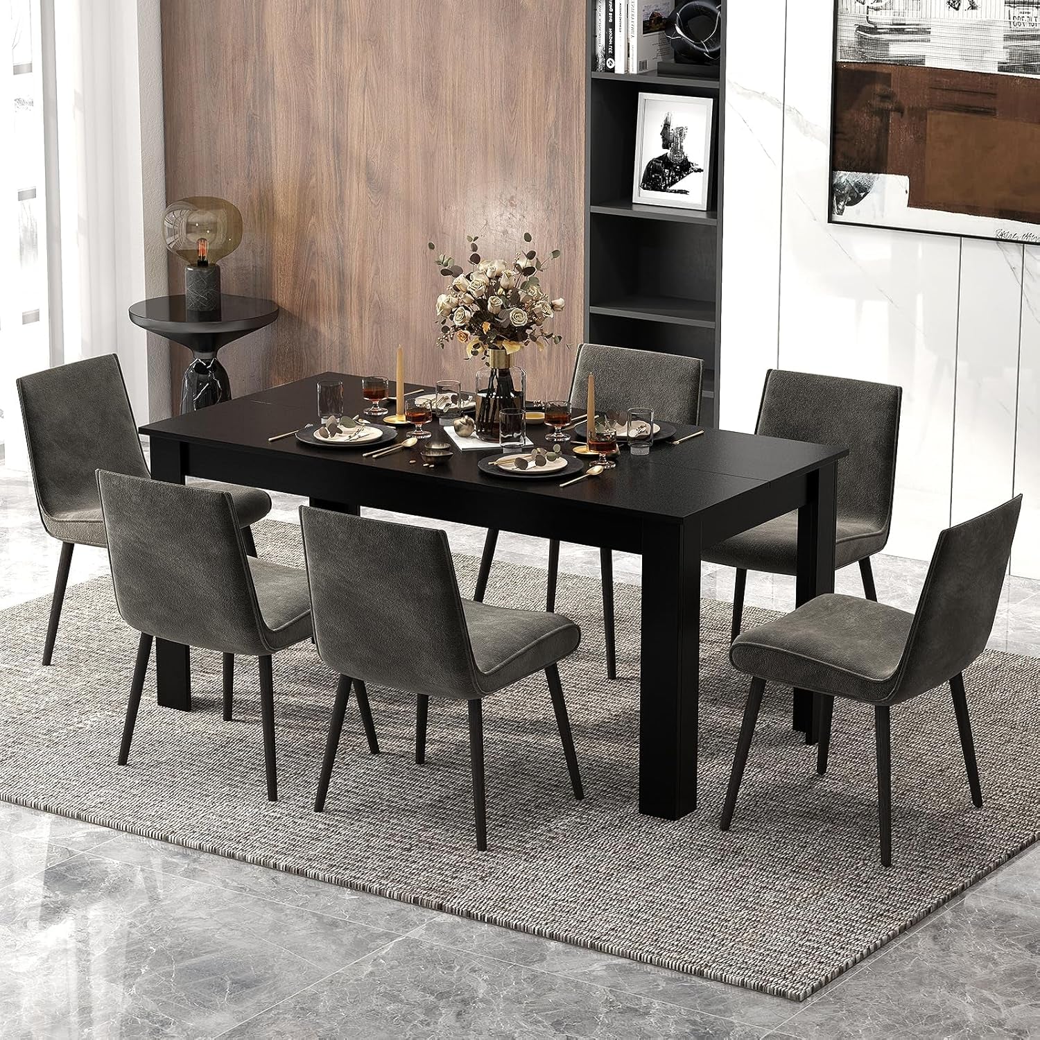 Wood Dining Table for 4-6 People, 63" Wood Rectangle Dinner Table, Modern Kitchen Table with L-Shaped Legs, 330Lbs Weight Capacity, Farmhouse Dinette Table for Dining Room, Living Room, Black-3